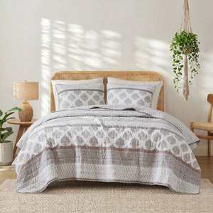 English Elm 3-Piece Cotton Quilt Set Medallion Block Print Reversible Geometric Coastal Bedroom Softness Clay B035P549274