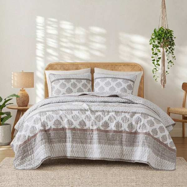 English Elm 3-Piece Cotton Quilt Set Medallion Block Print Reversible Geometric Coastal Bedroom Softness Clay B035P549274