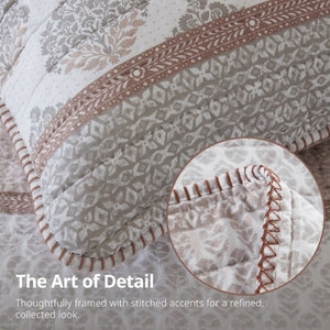 English Elm 3-Piece Cotton Quilt Set Medallion Block Print Reversible Geometric Coastal Bedroom Softness Clay B035P549274