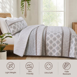English Elm 3-Piece Cotton Quilt Set Medallion Block Print Reversible Geometric Coastal Bedroom Softness Clay B035P549274