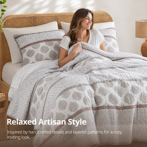 English Elm 3-Piece Cotton Quilt Set Medallion Block Print Reversible Geometric Coastal Bedroom Softness Clay B035P549274