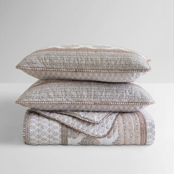 English Elm 3-Piece Cotton Quilt Set Medallion Block Print Reversible Geometric Coastal Bedroom Softness Clay B035P549274