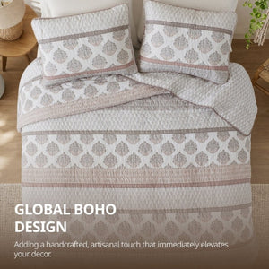 English Elm 3-Piece Cotton Quilt Set Medallion Block Print Reversible Geometric Coastal Bedroom Softness Clay B035P549274