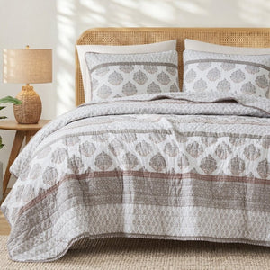 English Elm 3-Piece Cotton Quilt Set Medallion Block Print Reversible Geometric Coastal Bedroom Softness Clay B035P549274