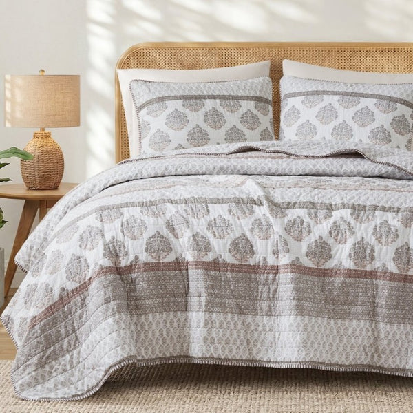 English Elm 3-Piece Cotton Quilt Set Medallion Block Print Reversible Geometric Coastal Bedroom Softness Clay B035P549274