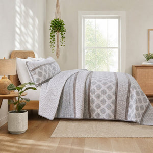 English Elm 3-Piece Cotton Quilt Set Medallion Block Print Reversible Geometric Coastal Bedroom Softness Clay B035P549274