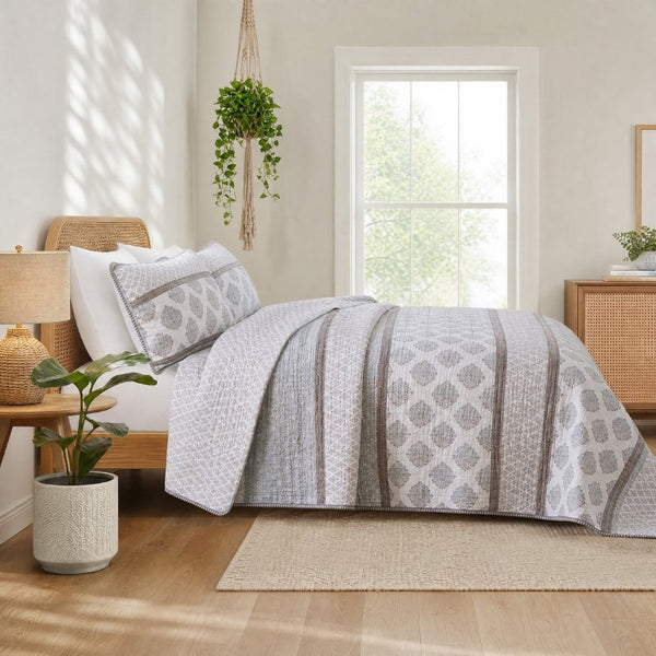 English Elm 3-Piece Cotton Quilt Set Medallion Block Print Reversible Geometric Coastal Bedroom Softness Clay B035P549274
