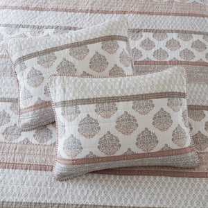 English Elm 3-Piece Cotton Quilt Set Medallion Block Print Reversible Geometric Coastal Bedroom Softness Clay B035P549274