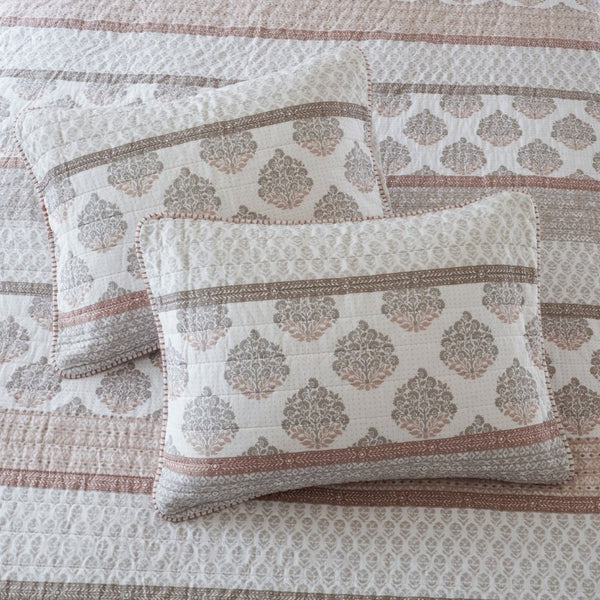 English Elm 3-Piece Cotton Quilt Set Medallion Block Print Reversible Geometric Coastal Bedroom Softness Clay B035P549274