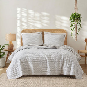 English Elm 3-Piece Cotton Quilt Set Medallion Block Print Reversible Geometric Coastal Bedroom Softness Clay B035P549274
