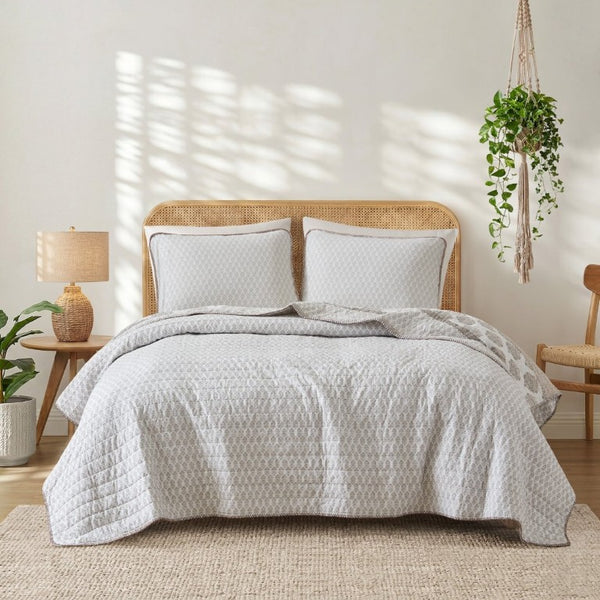 English Elm 3-Piece Cotton Quilt Set Medallion Block Print Reversible Geometric Coastal Bedroom Softness Clay B035P549274