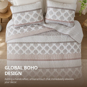 English Elm 3-Piece King Quilt Set Artisan Block-Print Medallion Reversible Prewashed Bedroom Bedding Clay Cotton 106 L x 94 W x 0.5 H B035P549275
