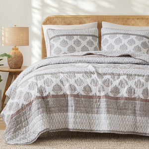 English Elm 3-Piece King Quilt Set Artisan Block-Print Medallion Reversible Prewashed Bedroom Bedding Clay Cotton 106 L x 94 W x 0.5 H B035P549275