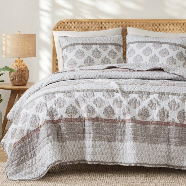 English Elm 3-Piece King Quilt Set Artisan Block-Print Medallion Reversible Prewashed Bedroom Bedding Clay Cotton 106 L x 94 W x 0.5 H B035P549275