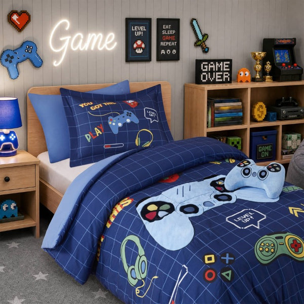 English Elm 4-Piece Twin Gaming Comforter Set Arcade Panel Print with Plush Controller Accent Pillow B035P549276
