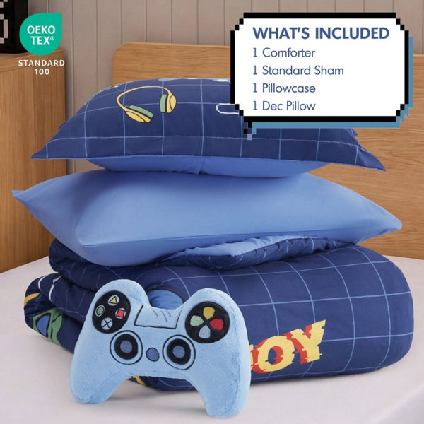 English Elm 4-Piece Twin Gaming Comforter Set Arcade Panel Print with Plush Controller Accent Pillow B035P549276
