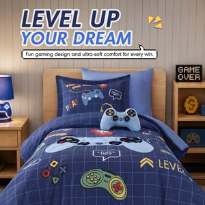 English Elm 4-Piece Twin Gaming Comforter Set Arcade Panel Print with Plush Controller Accent Pillow B035P549276