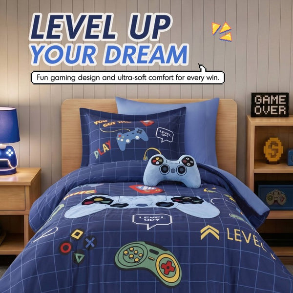 English Elm 4-Piece Twin Gaming Comforter Set Arcade Panel Print with Plush Controller Accent Pillow B035P549276