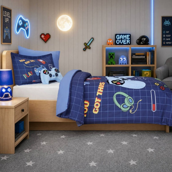 English Elm 4-Piece Twin Gaming Comforter Set Arcade Panel Print with Plush Controller Accent Pillow B035P549276