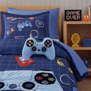 English Elm 4-Piece Twin Gaming Comforter Set Arcade Panel Print with Plush Controller Accent Pillow B035P549276