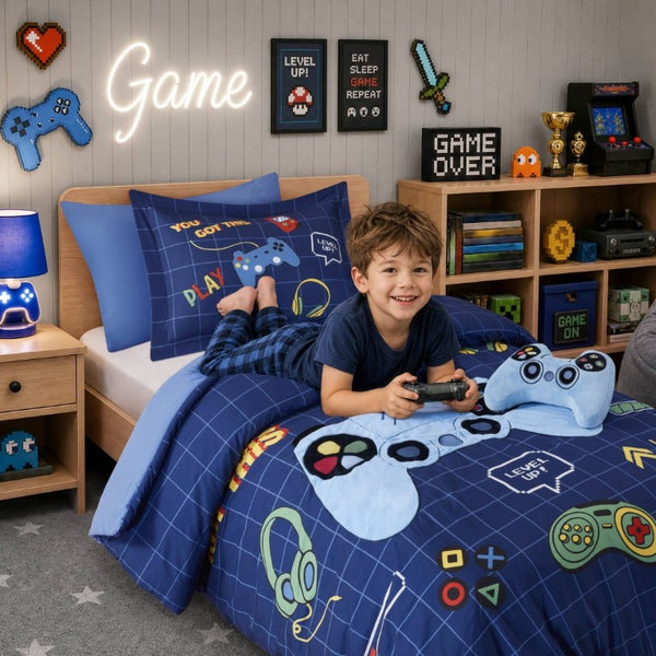 English Elm 4-Piece Twin Gaming Comforter Set Arcade Panel Print with Plush Controller Accent Pillow B035P549276