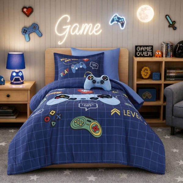English Elm 4-Piece Twin Gaming Comforter Set Arcade Panel Print with Plush Controller Accent Pillow B035P549276