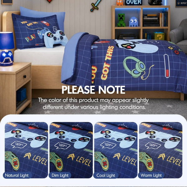 English Elm 4-Piece Twin Gaming Comforter Set Arcade Panel Print with Plush Controller Accent Pillow B035P549276