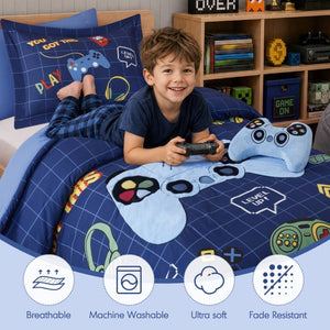 English Elm 4-Piece Twin Gaming Comforter Set Arcade Panel Print with Plush Controller Accent Pillow B035P549276