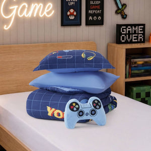 English Elm 4-Piece Twin Gaming Comforter Set Arcade Panel Print with Plush Controller Accent Pillow B035P549276