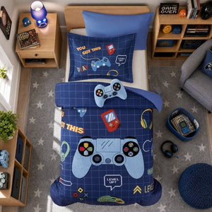 English Elm 4-Piece Twin Gaming Comforter Set Arcade Panel Print with Plush Controller Accent Pillow B035P549276