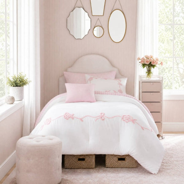 English Elm 4-Piece Twin Microfiber Comforter Set Reversible Gingham Bow Embroidery Girls Bedroom Pink B035P549278