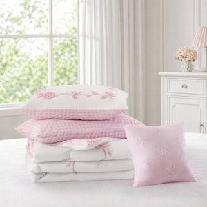 English Elm 4-Piece Twin Microfiber Comforter Set Reversible Gingham Bow Embroidery Girls Bedroom Pink B035P549278