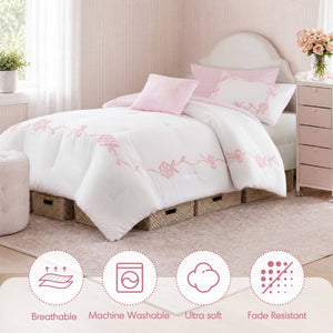 English Elm 4-Piece Twin Microfiber Comforter Set Reversible Gingham Bow Embroidery Girls Bedroom Pink B035P549278