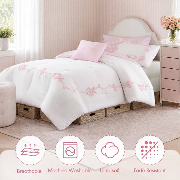 English Elm 4-Piece Twin Microfiber Comforter Set Reversible Gingham Bow Embroidery Girls Bedroom Pink B035P549278