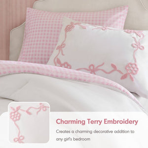 English Elm 4-Piece Twin Microfiber Comforter Set Reversible Gingham Bow Embroidery Girls Bedroom Pink B035P549278