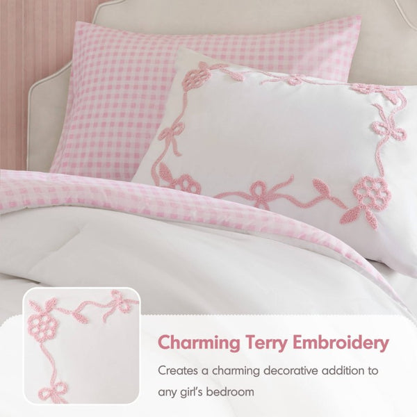 English Elm 4-Piece Twin Microfiber Comforter Set Reversible Gingham Bow Embroidery Girls Bedroom Pink B035P549278
