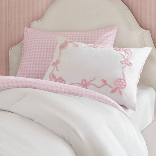 English Elm 4-Piece Twin Microfiber Comforter Set Reversible Gingham Bow Embroidery Girls Bedroom Pink B035P549278