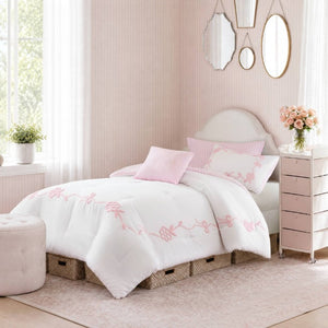 English Elm 4-Piece Twin Microfiber Comforter Set Reversible Gingham Bow Embroidery Girls Bedroom Pink B035P549278