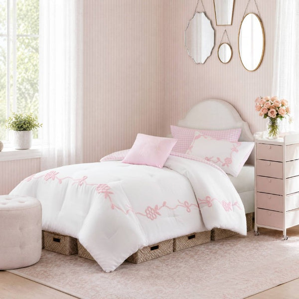 English Elm 4-Piece Twin Microfiber Comforter Set Reversible Gingham Bow Embroidery Girls Bedroom Pink B035P549278