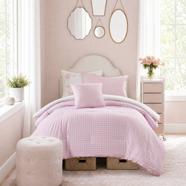English Elm 4-Piece Twin Microfiber Comforter Set Reversible Gingham Bow Embroidery Girls Bedroom Pink B035P549278