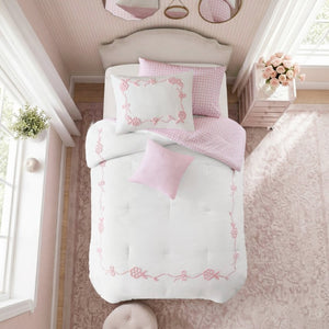 English Elm 4-Piece Twin Microfiber Comforter Set Reversible Gingham Bow Embroidery Girls Bedroom Pink B035P549278