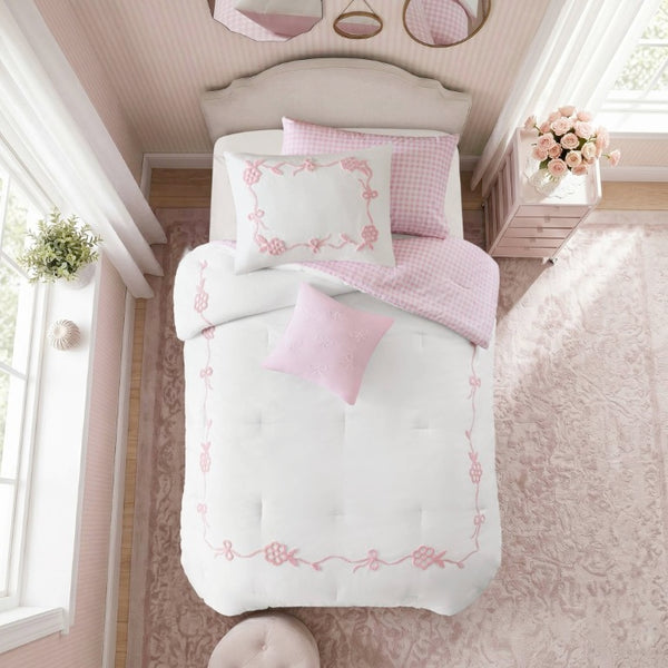 English Elm 4-Piece Twin Microfiber Comforter Set Reversible Gingham Bow Embroidery Girls Bedroom Pink B035P549278