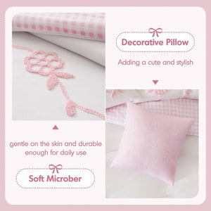 English Elm 4-Piece Twin Microfiber Comforter Set Reversible Gingham Bow Embroidery Girls Bedroom Pink B035P549278