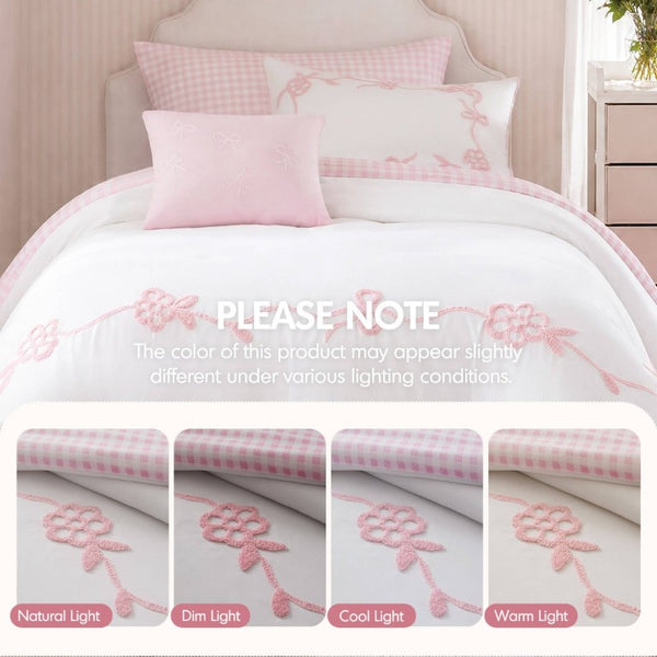 English Elm 4-Piece Twin Microfiber Comforter Set Reversible Gingham Bow Embroidery Girls Bedroom Pink B035P549278