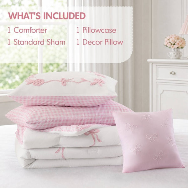 English Elm 4-Piece Twin Microfiber Comforter Set Reversible Gingham Bow Embroidery Girls Bedroom Pink B035P549278