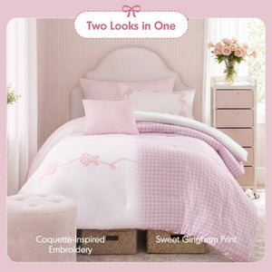 English Elm 4-Piece Twin Microfiber Comforter Set Reversible Gingham Bow Embroidery Girls Bedroom Pink B035P549278