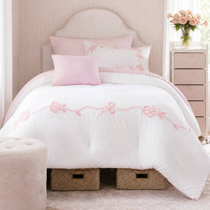 English Elm 4-Piece Twin Microfiber Comforter Set Reversible Gingham Bow Embroidery Girls Bedroom Pink B035P549278