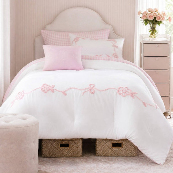 English Elm 4-Piece Twin Microfiber Comforter Set Reversible Gingham Bow Embroidery Girls Bedroom Pink B035P549278