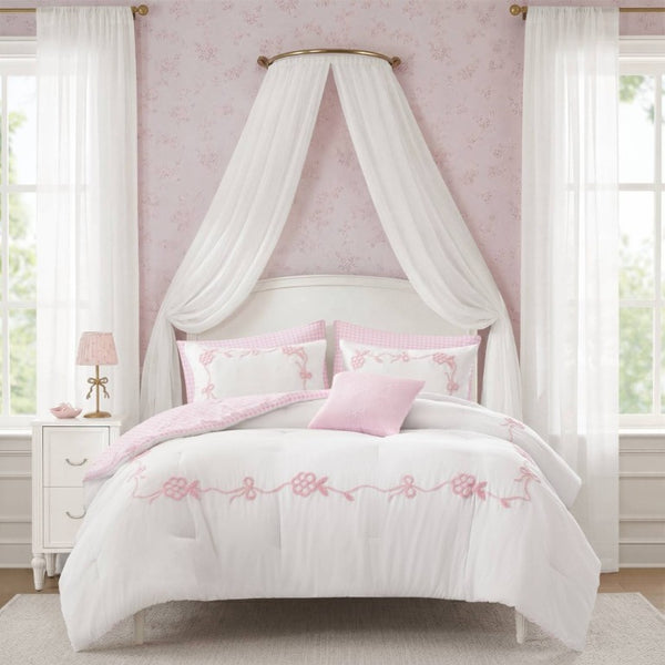 English Elm 6-Piece Full Queen Comforter Set Microfiber Terry Embroidery Floral Girls Bedroom Bedding Pink B035P549279