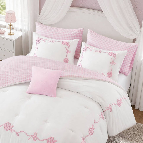 English Elm 6-Piece Full Queen Comforter Set Microfiber Terry Embroidery Floral Girls Bedroom Bedding Pink B035P549279
